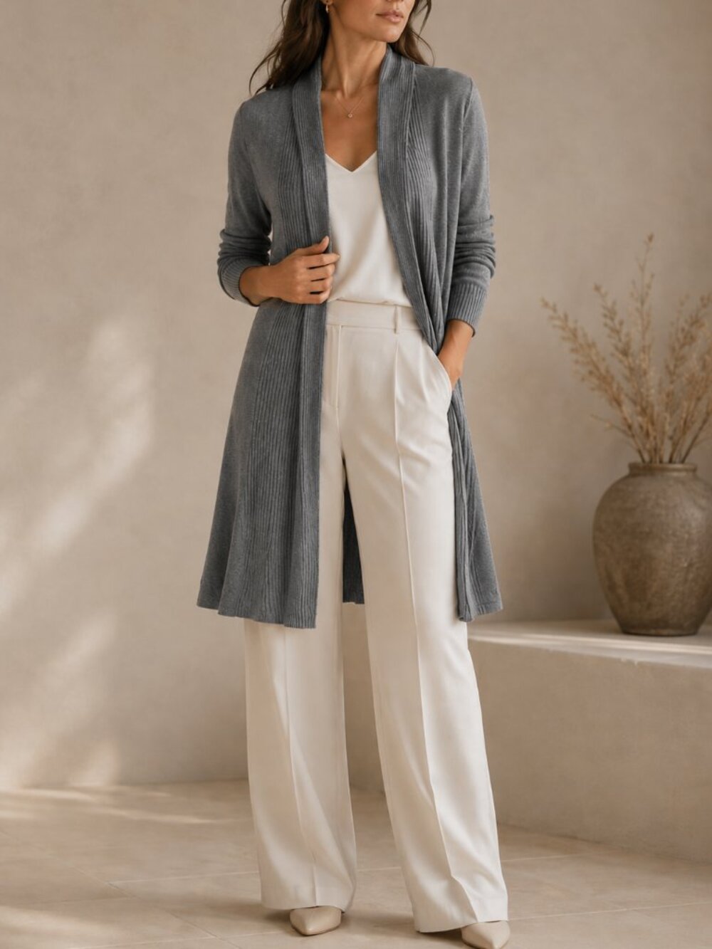 WHBM Gray Ribbed Shawl Collar Open Front Longline Flyaway Cardigan Size S